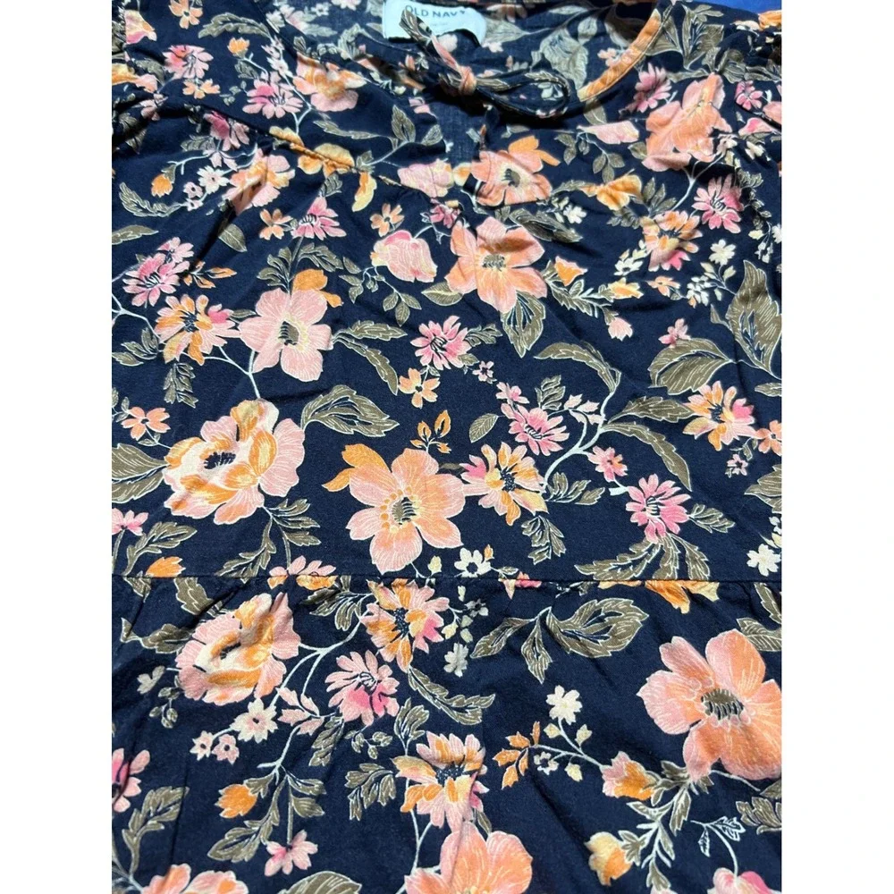 Old Navy Girls Floral Dress Navy Blue Peach Pink Ruffle Hem Size L 10-12